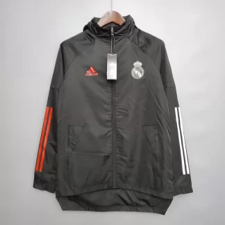 Chaqueta Cortavientos Real Madrid Negra 2021 (Borde Blanco y Rojo)