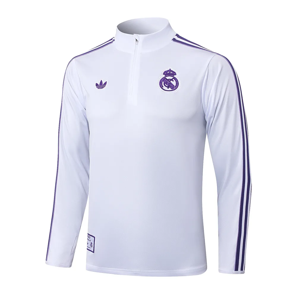 Chándal de entrenamiento con media cremallera Retro blanco de Real Madrid 2025-2026 Camiseta de fútbol Calidad Thai Set 02
