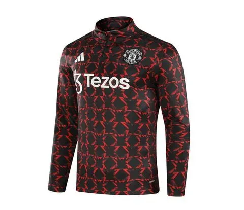 Chándal de Entrenamiento de Media Cremallera 2024/2025 del Manchester United Estampado Rojo y Negro Calidad Tailandesa