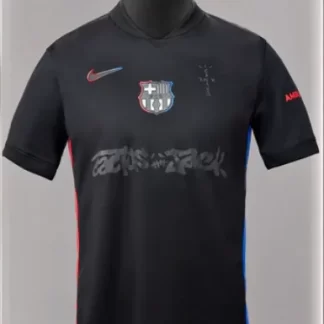 2024/2025 Versión Jugador Barcelona x Travis Scott Colaboración Visitante Negro Publicidad Camiseta de Fútbol Calidad Tailandesa