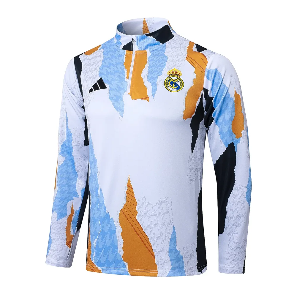 Chándal de entrenamiento con media cremallera estampado inkjet azul, blanco y amarillo de Real Madrid 2025/2026 Camiseta de fútbol Calidad Thai Set