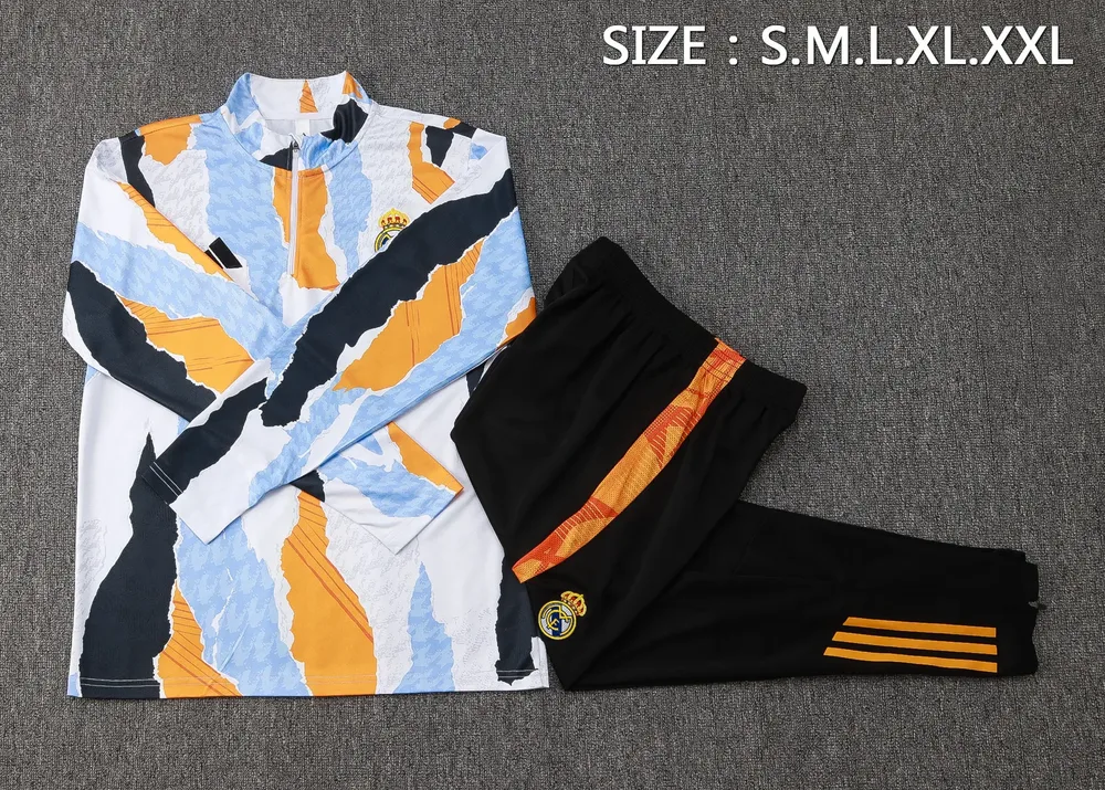 Chándal de entrenamiento con media cremallera estampado inkjet azul, blanco y amarillo de Real Madrid 2025/2026 Camiseta de fútbol Calidad Thai Set
