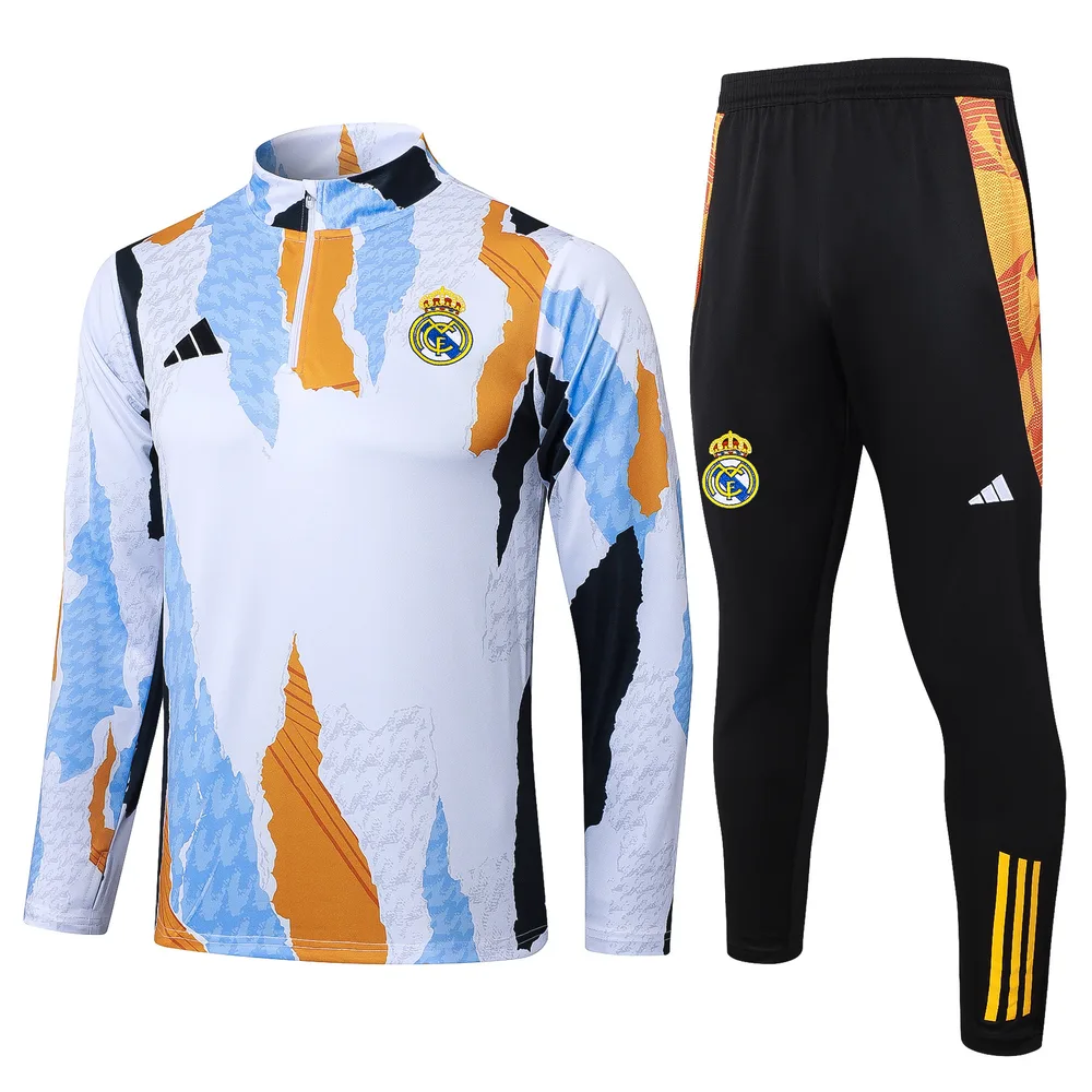 Chándal de entrenamiento con media cremallera estampado inkjet azul, blanco y amarillo de Real Madrid 2025/2026 Camiseta de fútbol Calidad Thai Set