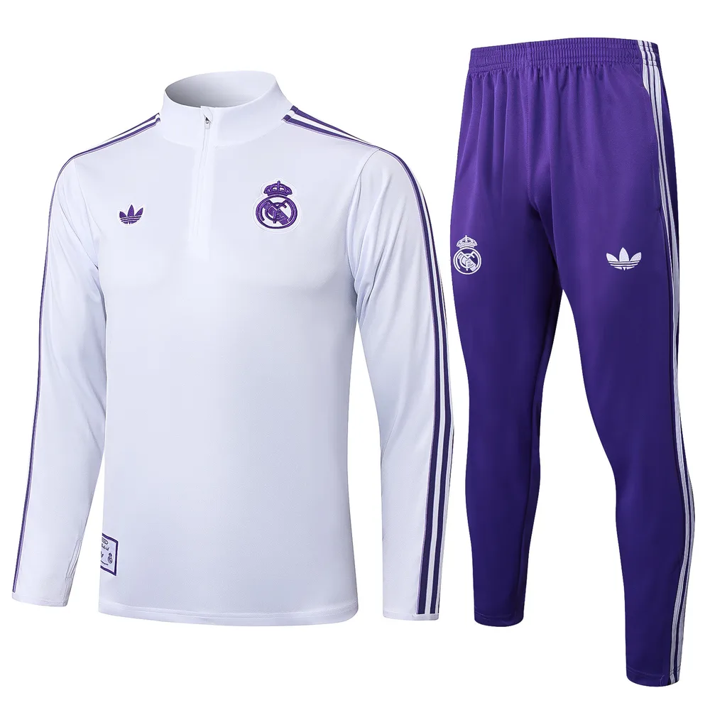 Chándal de entrenamiento con media cremallera Retro blanco de Real Madrid 2025-2026 Camiseta de fútbol Calidad Thai Set 02