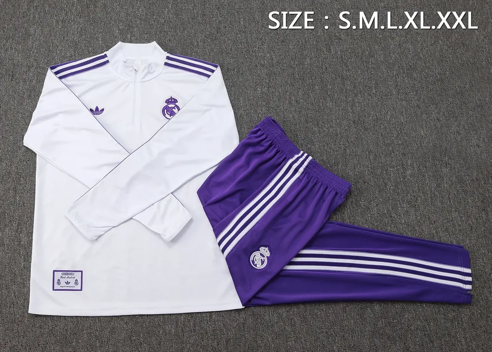 Chándal de entrenamiento con media cremallera Retro blanco de Real Madrid 2025-2026 Camiseta de fútbol Calidad Thai Set 02