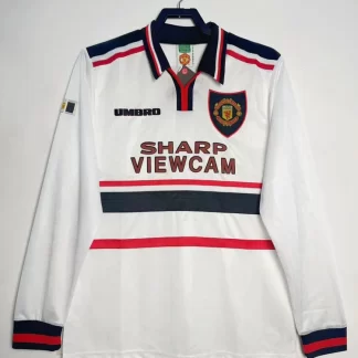 1998-1999 Retro Manga Larga Manchester United Equipación Visitante Blanca Camiseta de Fútbol Calidad Tailandesa