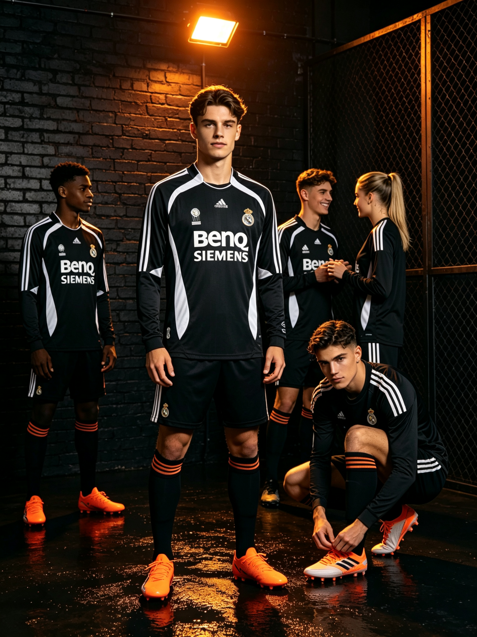 Camiseta de fútbol negra con detalles naranja